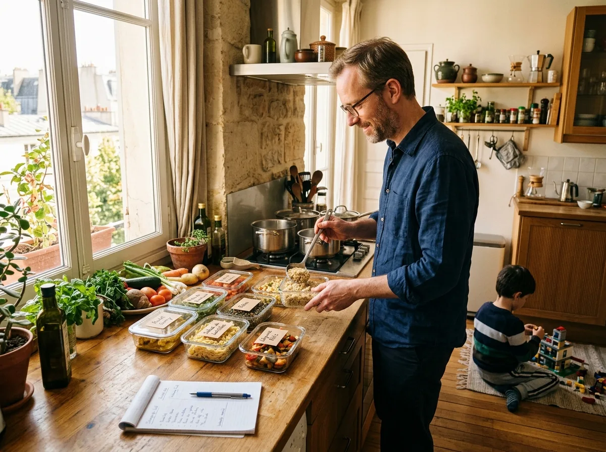 Père solo organisant les repas de la semaine dans une cuisine lumineuse