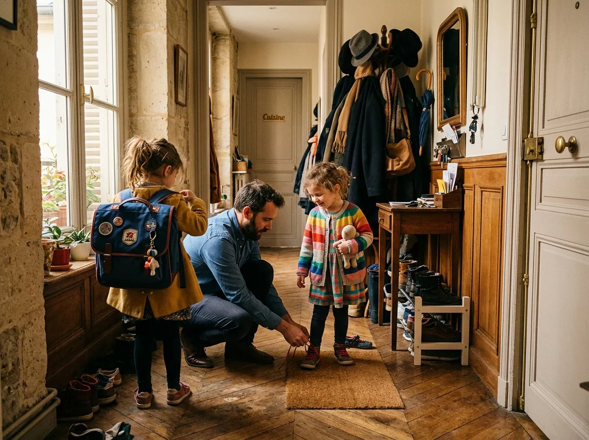 Père solo aidant ses enfants à se préparer le matin dans un couloir ensoleillé