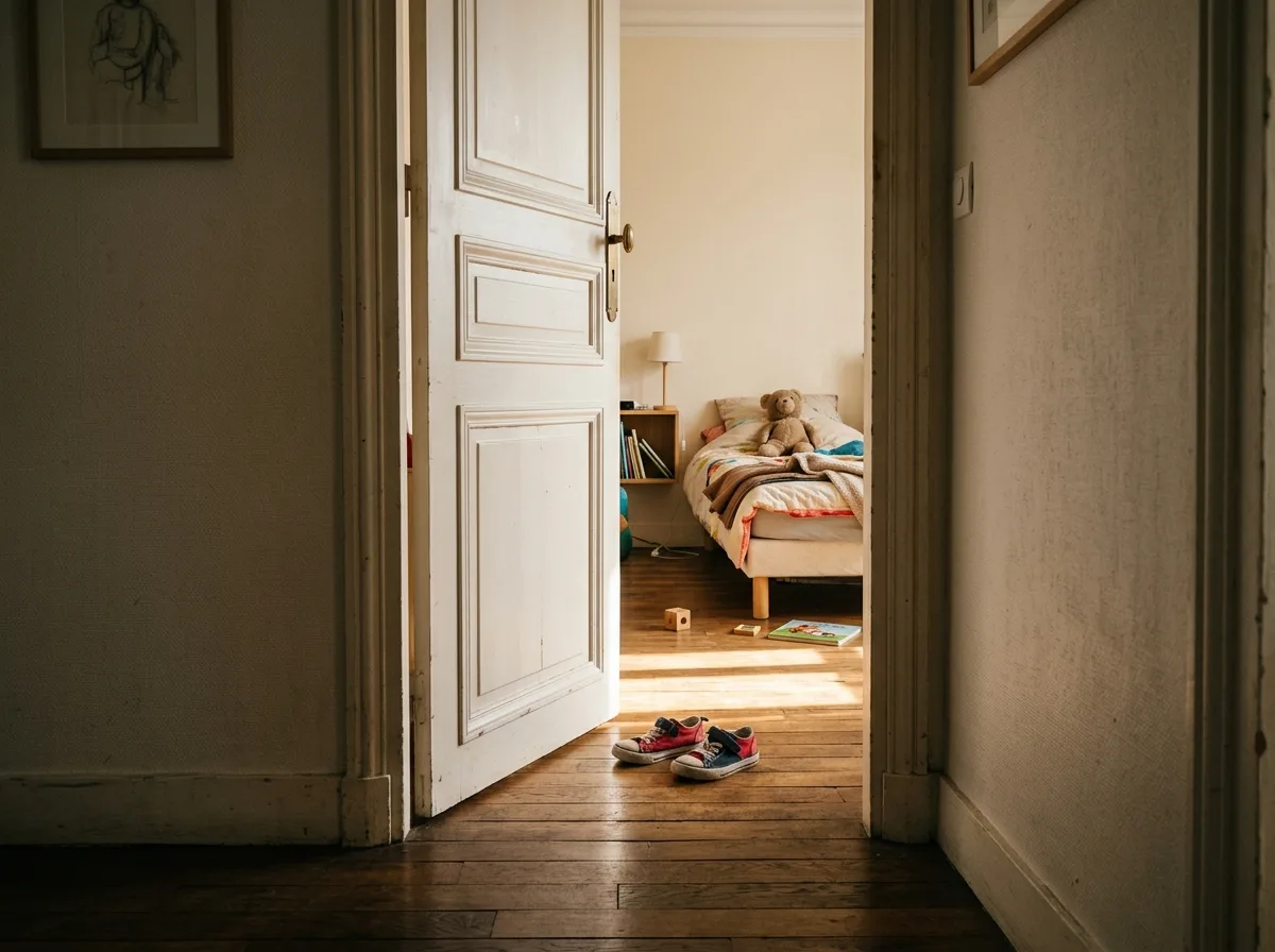 Chambre d'enfant vide, porte entrouverte, lumière douce de l'après-midi