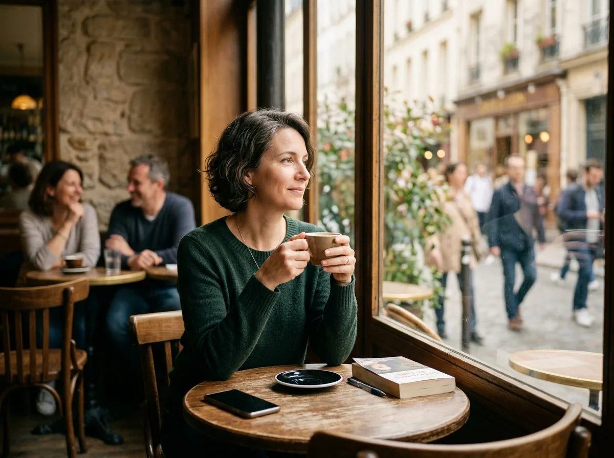 Femme seule et sereine dans un café français pendant sa semaine sans ses enfants