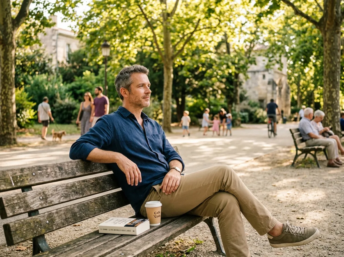 Père solo seul sur un banc de parc en été, moment de calme contemplatif
