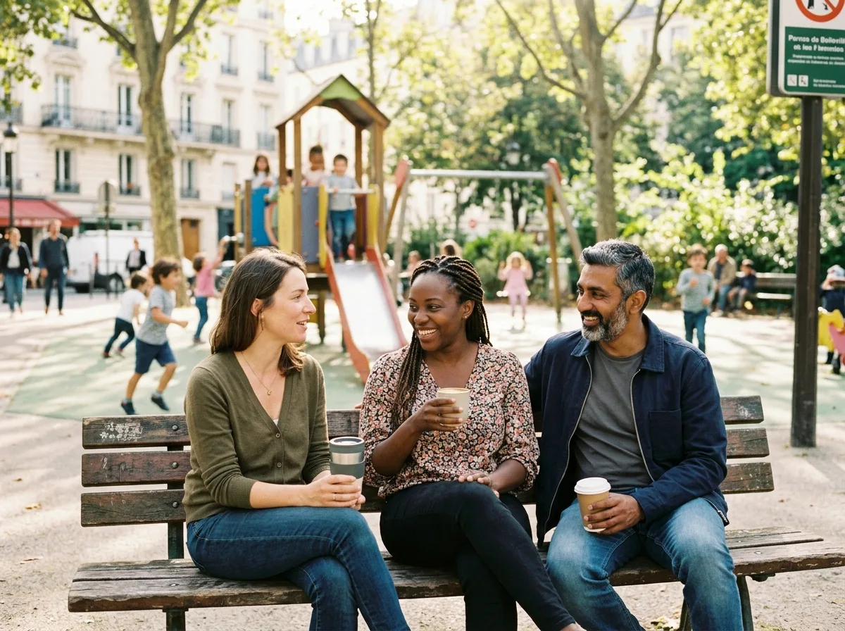 Parents solos qui échangent et rient ensemble dans un parc ensoleillé