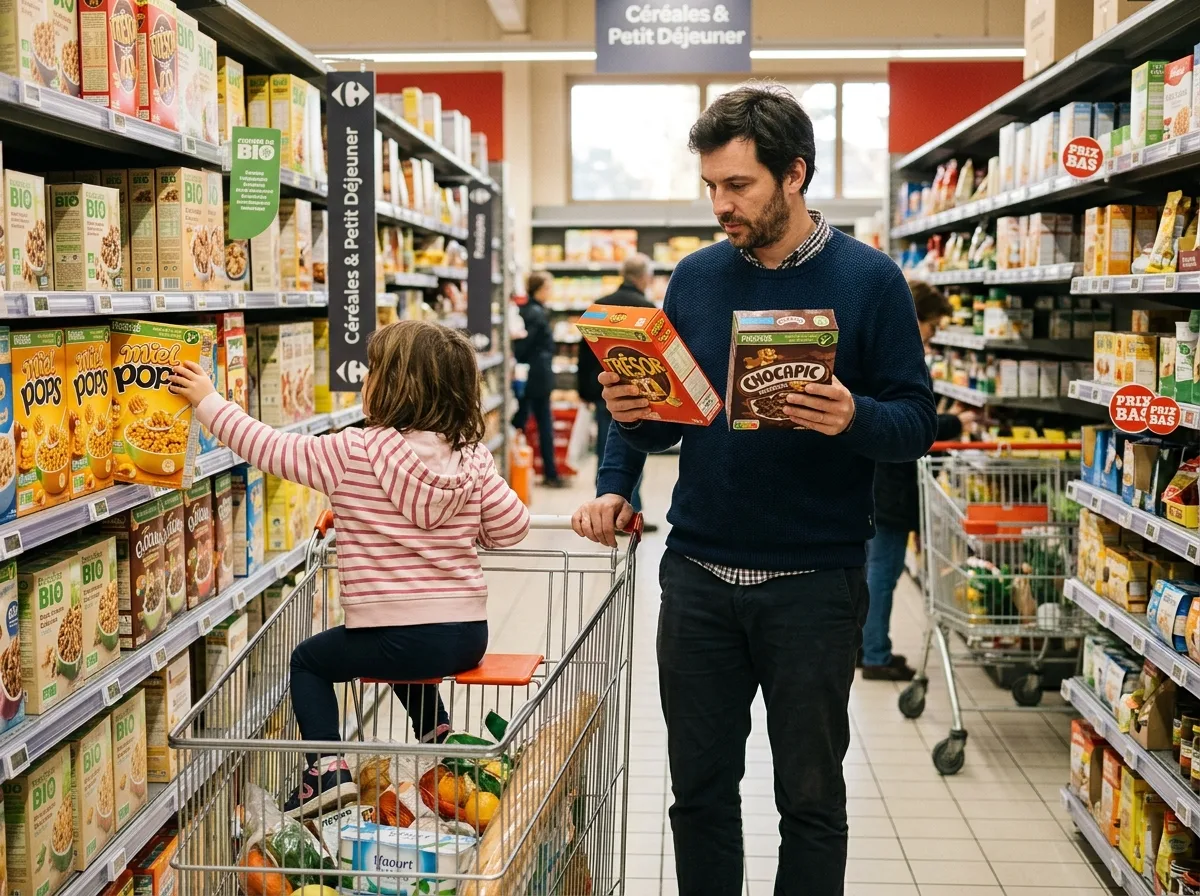 Père solo faisant les courses avec son enfant dans un supermarché français