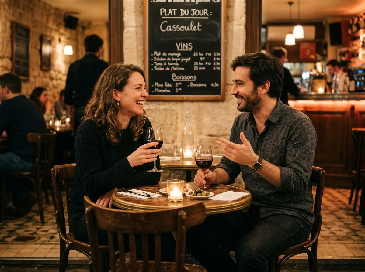 Deux amis adultes qui discutent en riant autour d'un verre dans un café parisien chaleureux