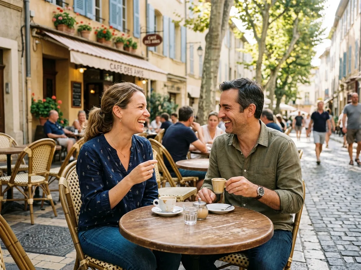 Deux parents solos qui rient ensemble en terrasse de café, Paris