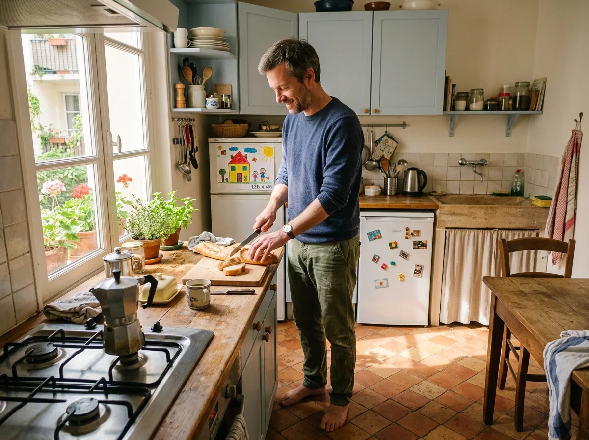 Père solo détendu dans sa cuisine le matin, café, moment de calme