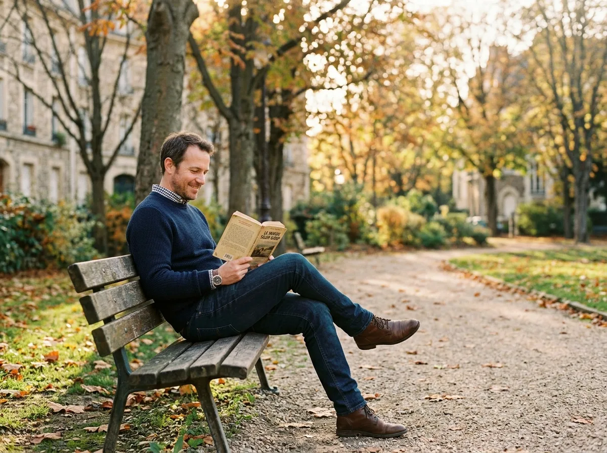 Père solo lisant un livre seul sur un banc de parc, lumière dorée d'automne