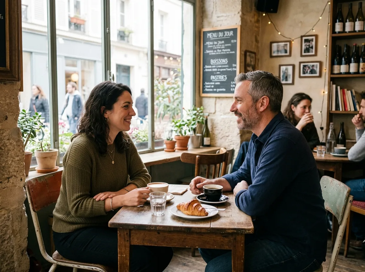 Deux adultes en conversation chaleureuse dans un café parisien