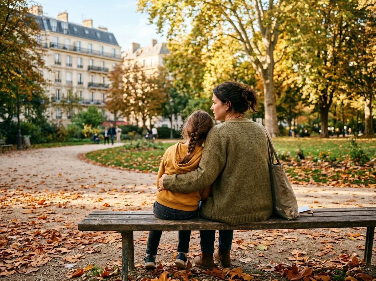 Parent et enfant de dos sur un banc de parc, lumière d'automne douce