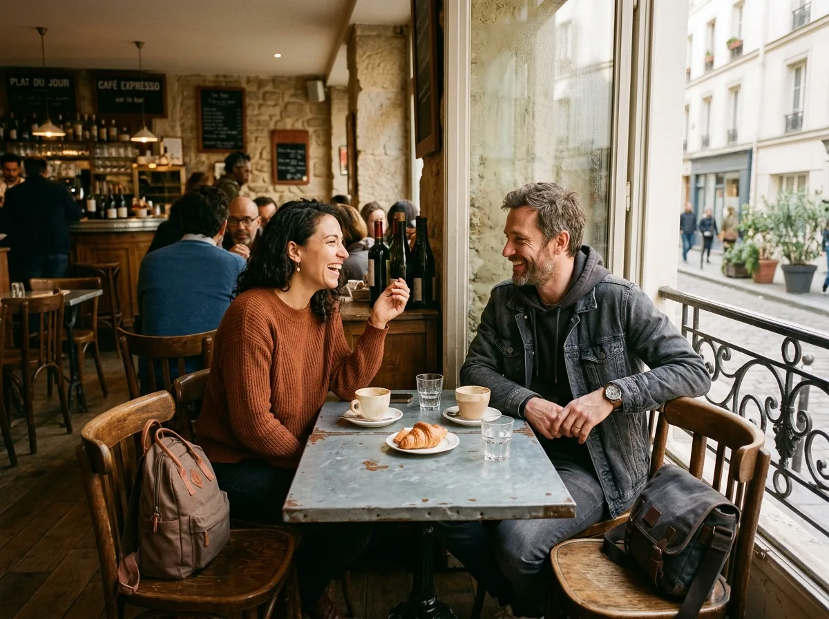 Deux parents solos discutent et sourient autour d'un café dans un bistrot de quartier