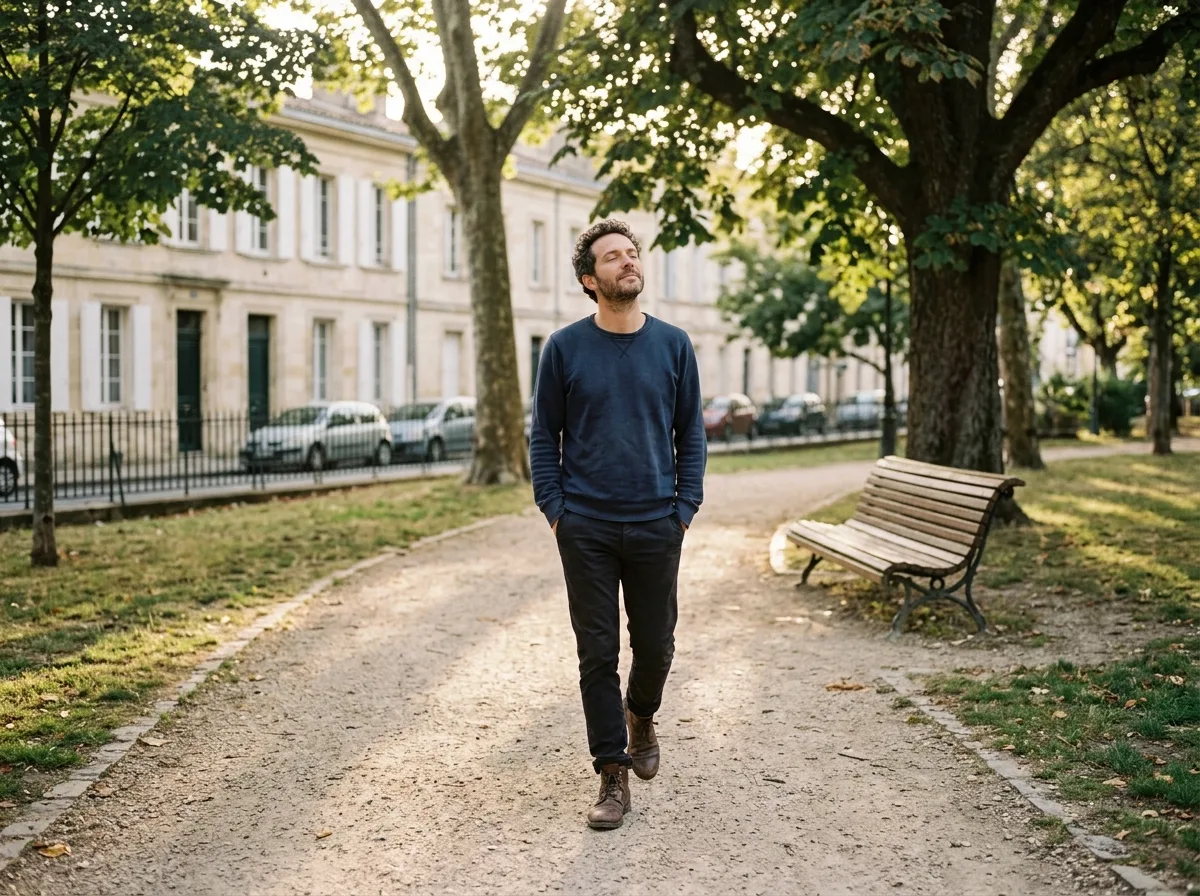 Parent solo se promenant seul dans un parc calme, lumière dorée de fin d'après-midi.