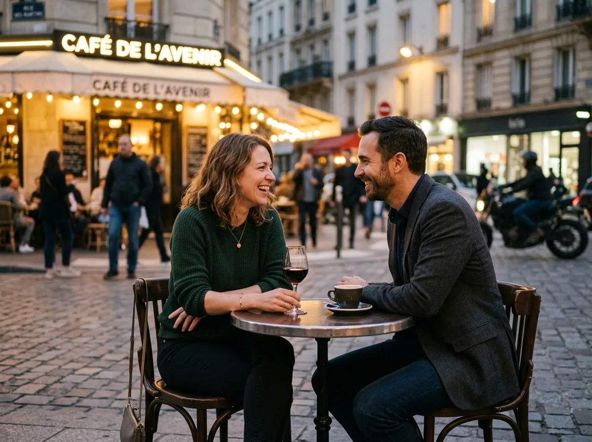 Deux adultes en conversation sincère en terrasse de café parisien, premier rendez-vous