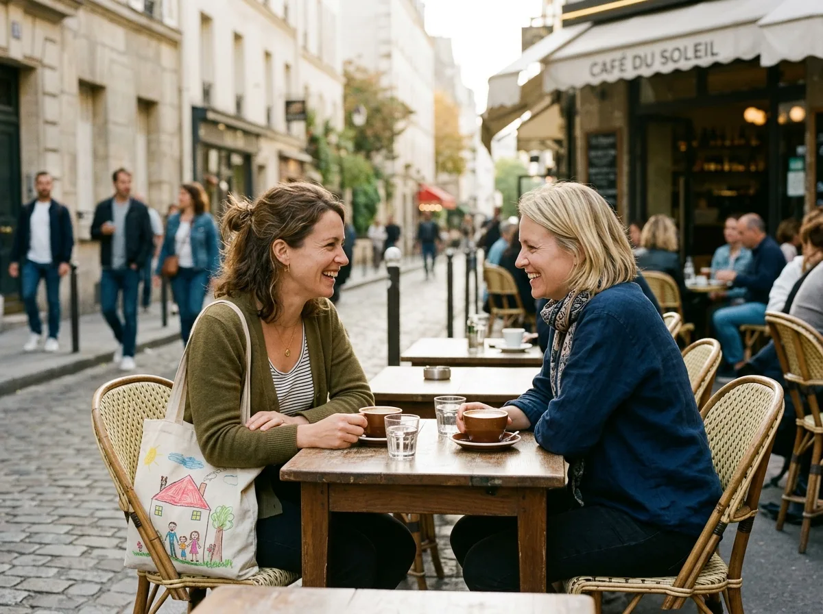 Deux mamans solos en conversation complice à la terrasse d'un café