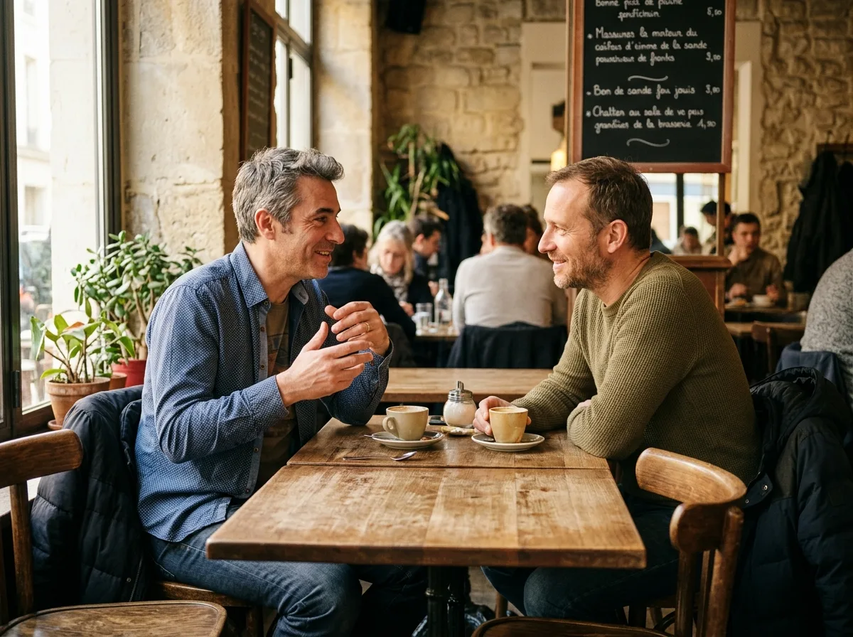 Deux pères solos en conversation sincère autour d'un café dans une brasserie française