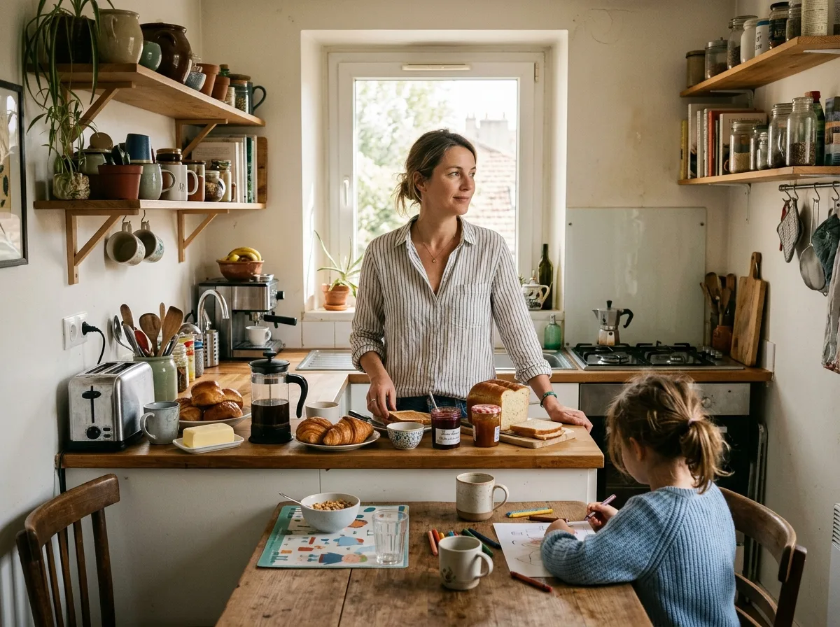 Maman solo et son enfant au petit-déjeuner, cuisine chaleureuse le matin