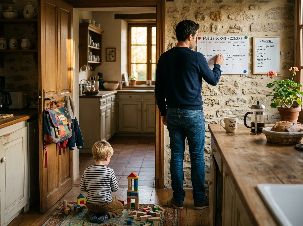 Papa solo consulte son calendrier en cuisine, enfant jouant au sol derrière lui