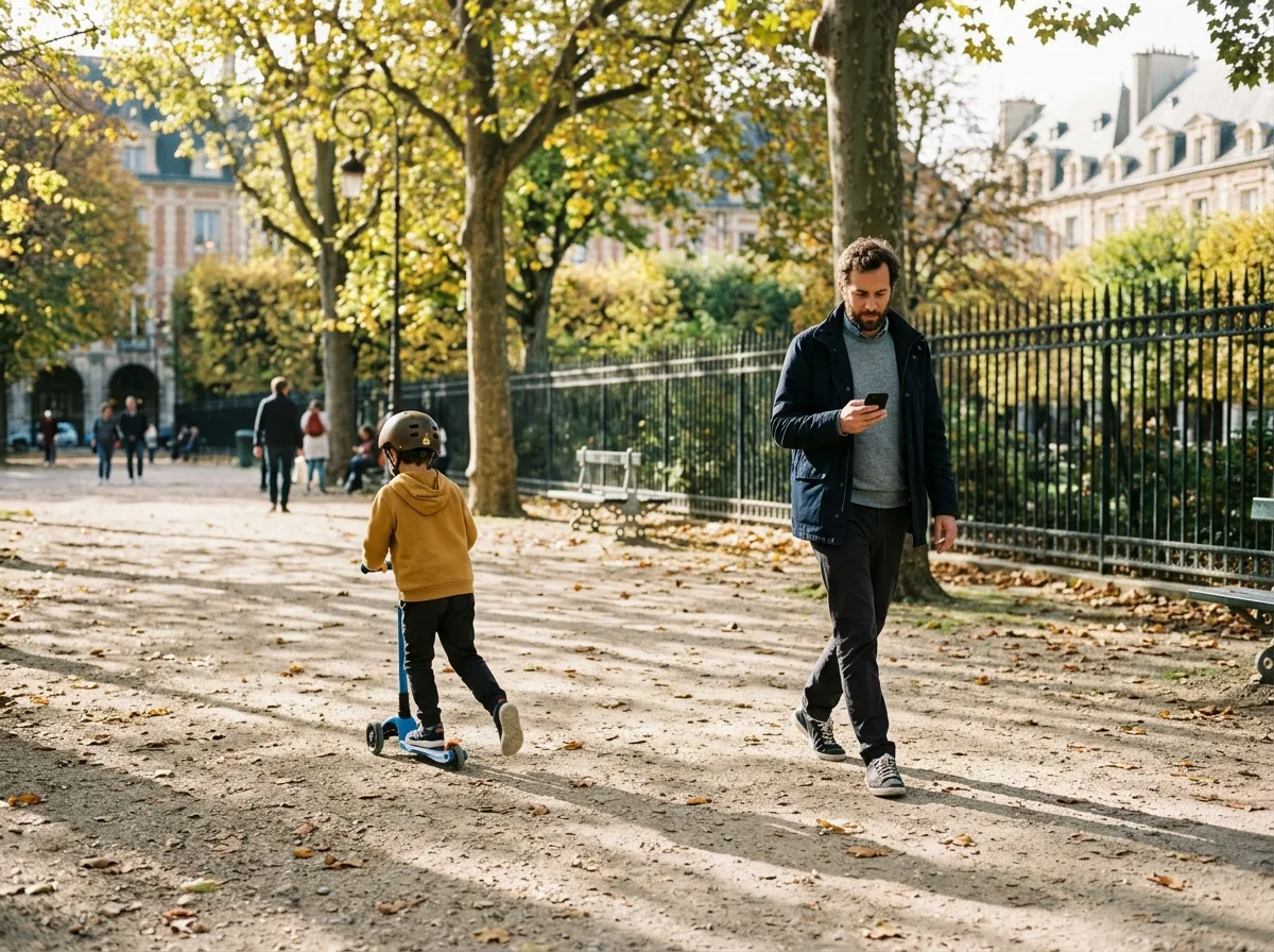 Père solo se promenant avec son enfant dans un parc de quartier français