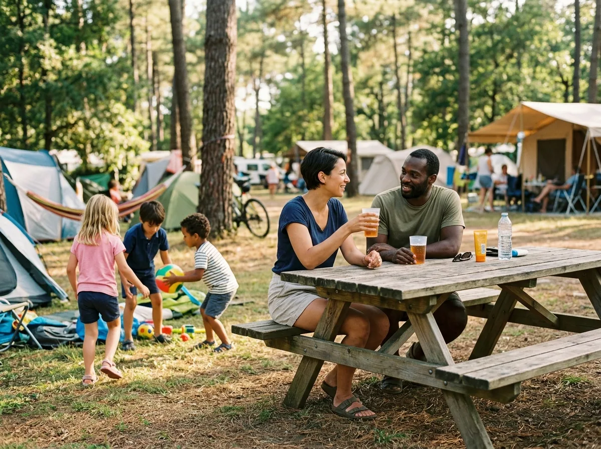 Deux parents solos discutant à l'ombre pendant que leurs enfants jouent ensemble en vacances