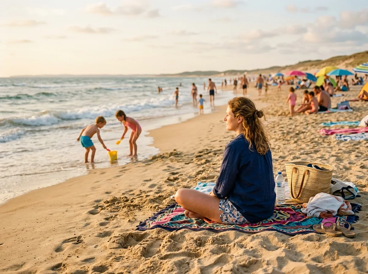 Une mère solo sur la plage, regardant ses enfants jouer au bord de l'eau, ambiance douce et mélancolique.