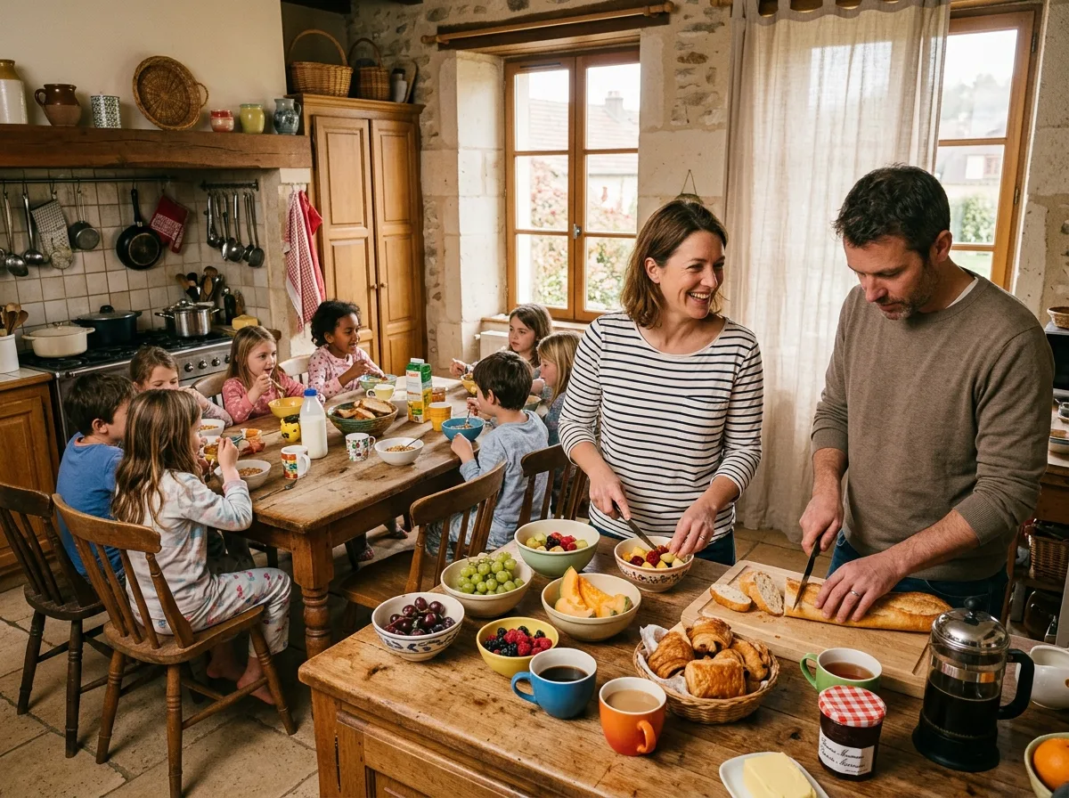 Deux parents solos préparent le petit-déjeuner ensemble pour les enfants dans une cuisine de maison de vacances.