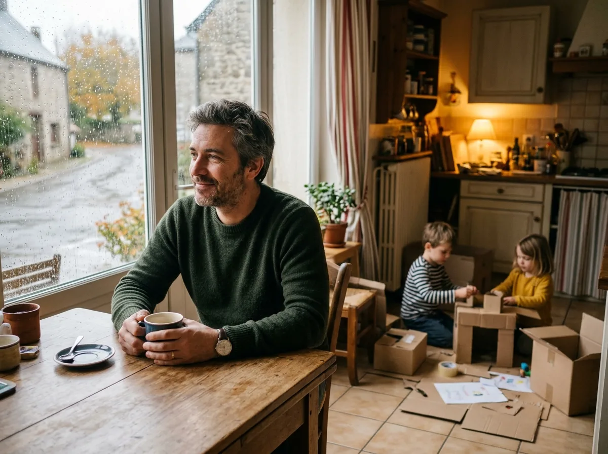 Père solo savourant un café pendant que ses enfants jouent derrière lui