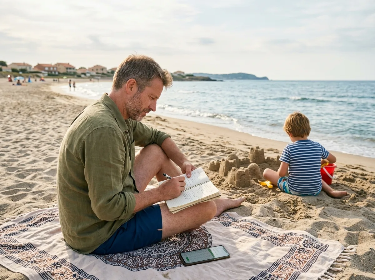 Un père solo qui planifie sereinement ses vacances sur la plage pendant que son enfant joue