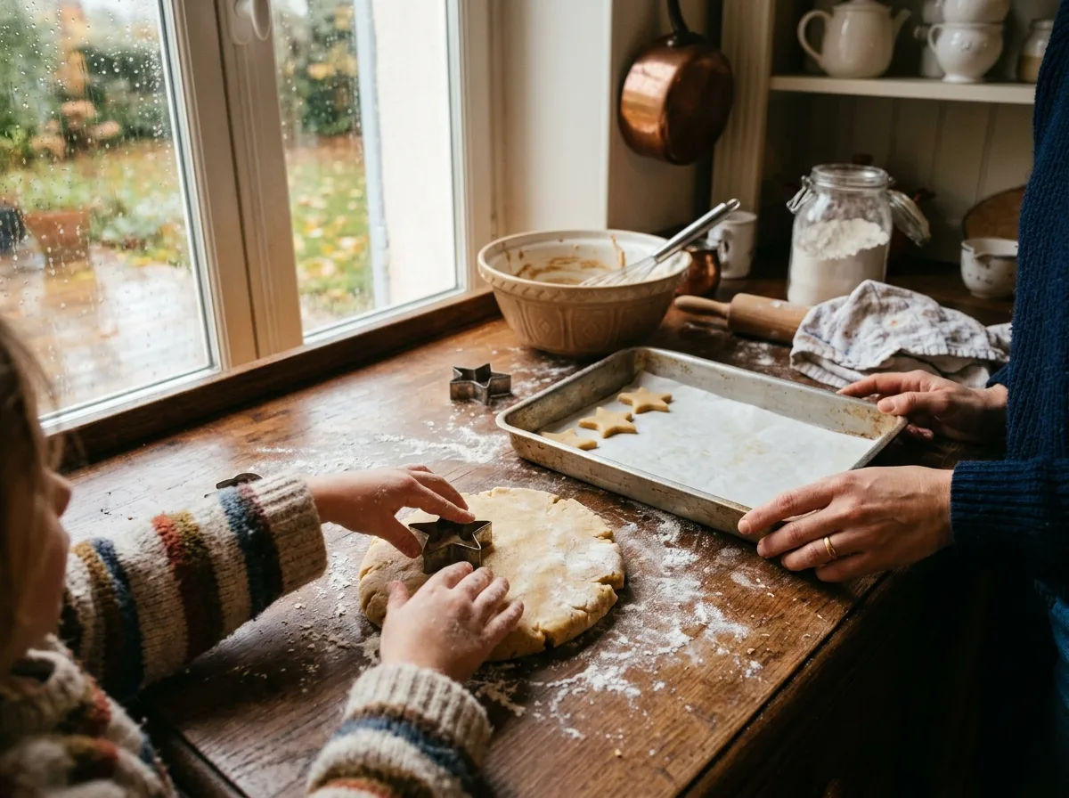 Mains d'une mère et d'un enfant préparant des biscuits ensemble à la cuisine