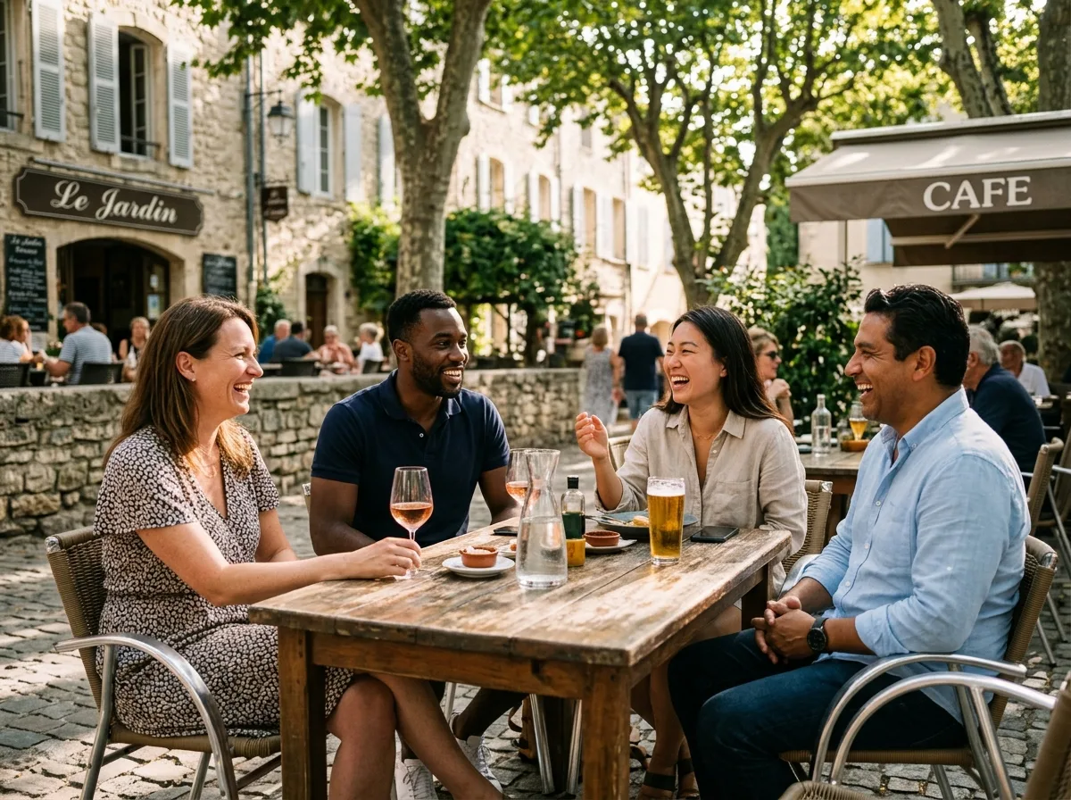 Groupe de parents solos qui se retrouvent en terrasse d'un café français l'été