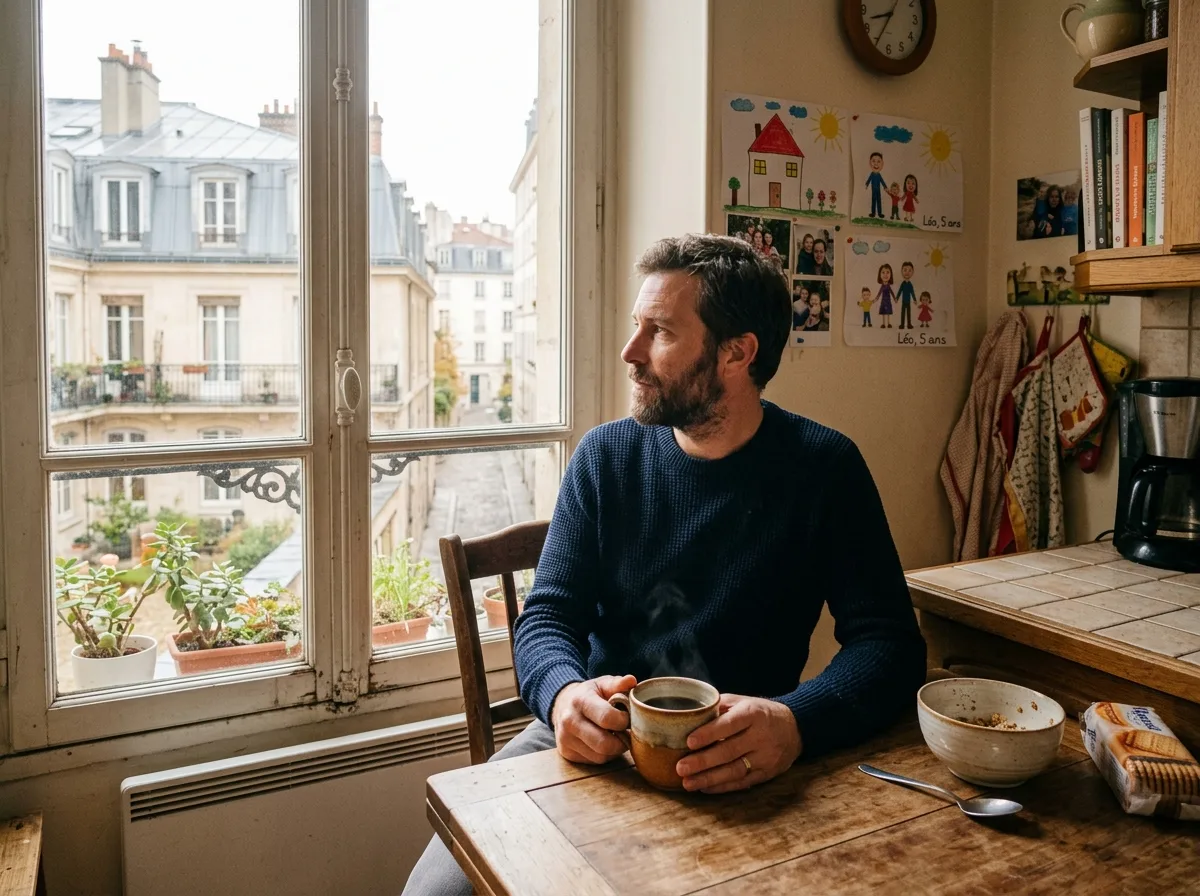 Père solo pensif attablé dans sa cuisine après un passage de bras, tasse de café en main