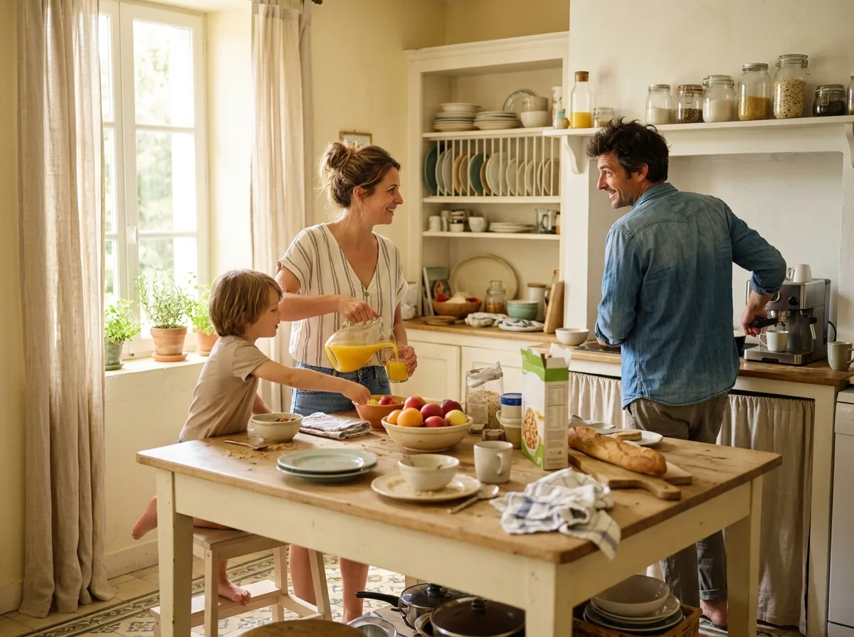 Matin de vacances dans une cuisine de location, deux parents solos préparent le petit-déjeuner avec les enfants