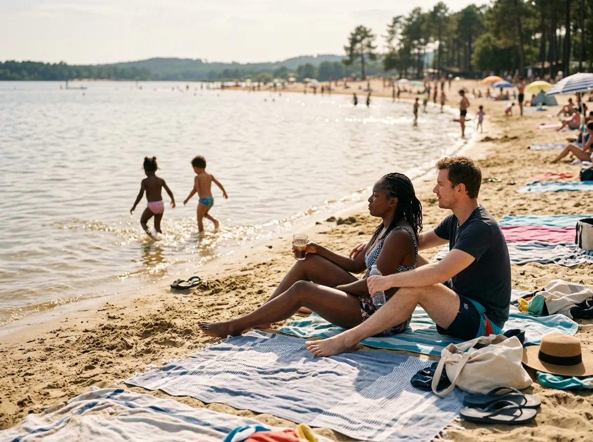 Deux parents solos assis au bord de l'eau, enfants jouant devant eux, moment de calme partagé
