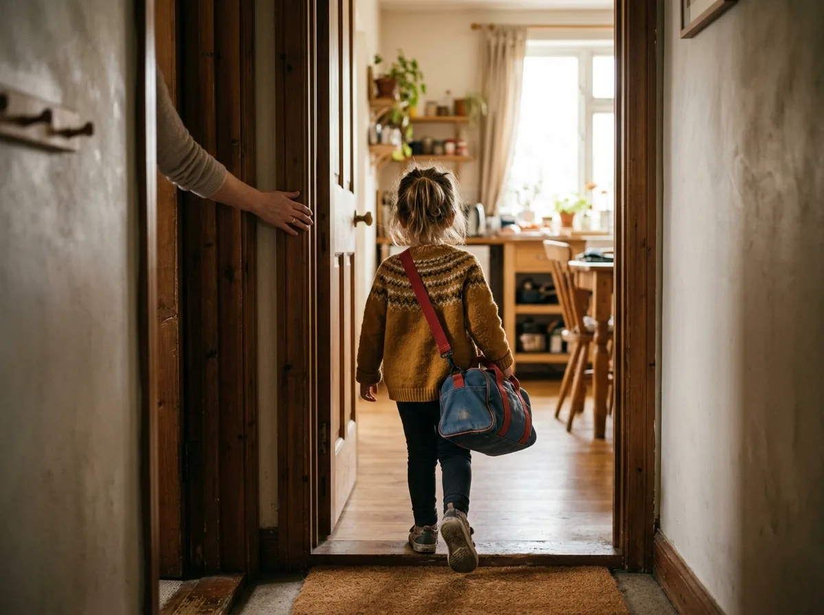 Enfant de dos franchissant une porte avec son sac, main d'un parent sur le chambranle