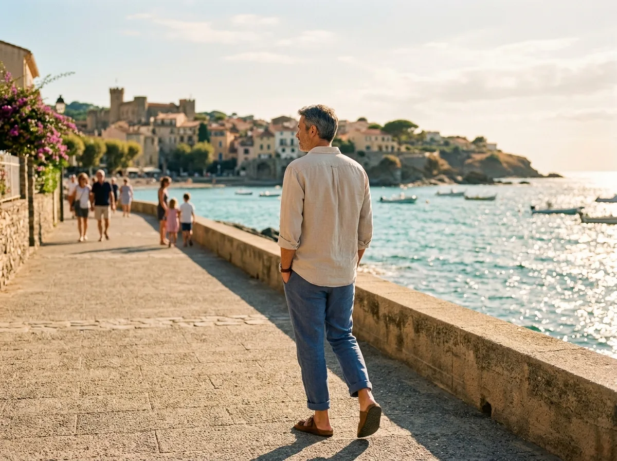 Père solo se promenant seul sur une promenade balnéaire française en été