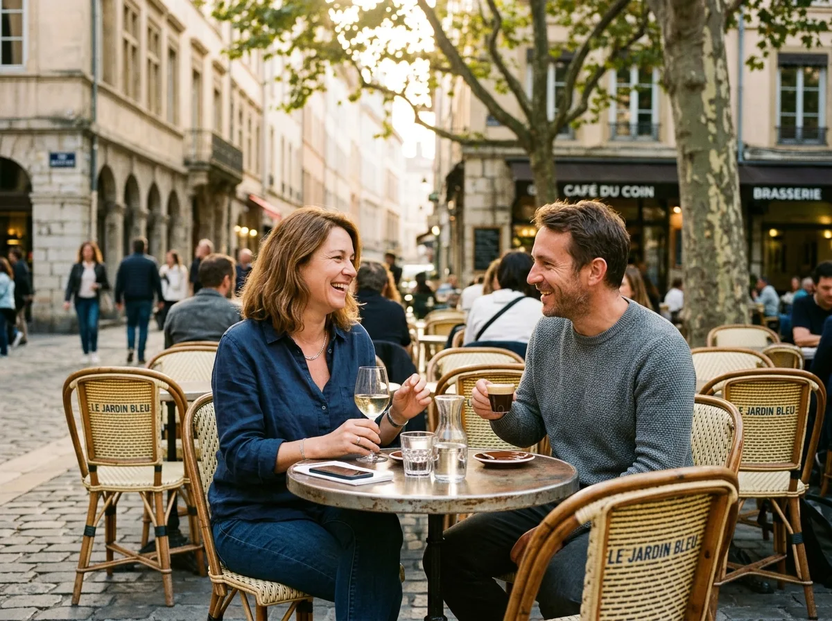 Deux parents solos qui se rencontrent en terrasse, rires complices, lumière dorée