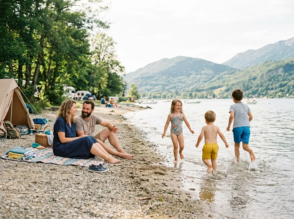 Enfants jouant au bord de l'eau sous le soleil, deux parents solos discutant sur un plaid