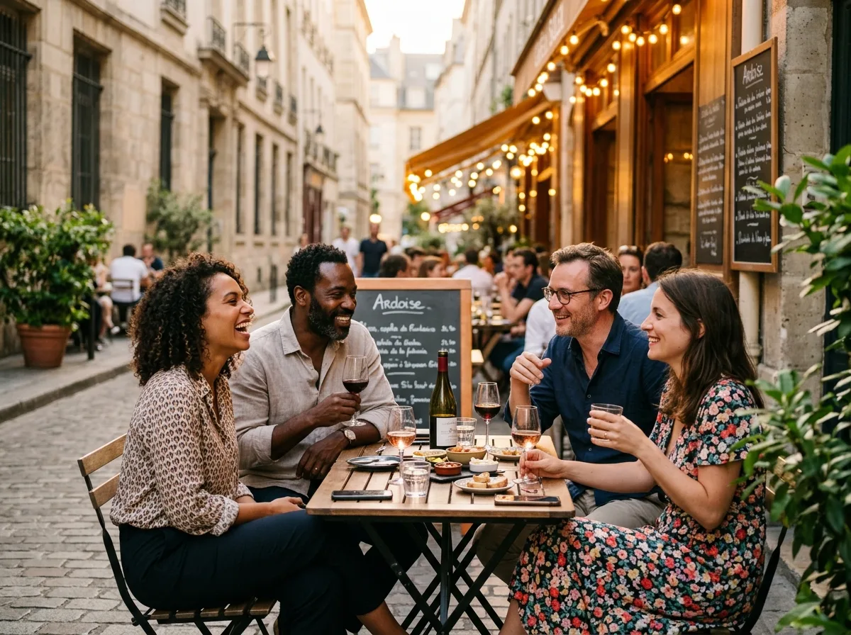Groupe d'adultes parents solos attablés en terrasse, rires et complicité, lumière dorée de soirée d'été.