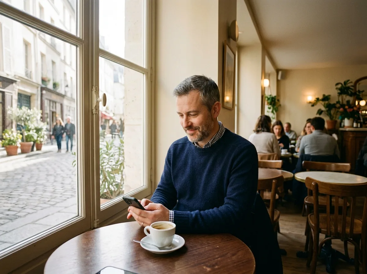 Père solo dans un café parisien, moment de pause serein, lumière du matin