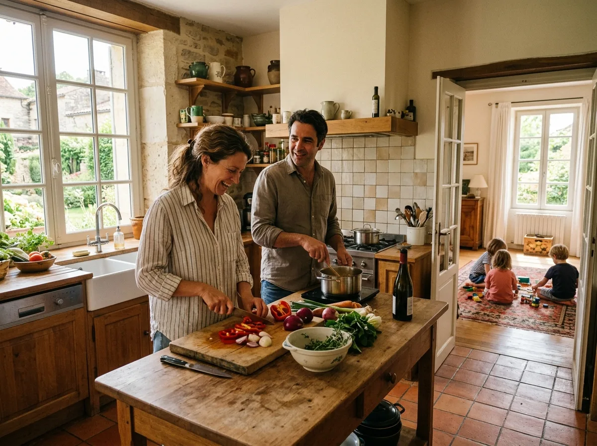 Deux parents solos préparent un repas ensemble dans la cuisine lumineuse d'un gîte partagé