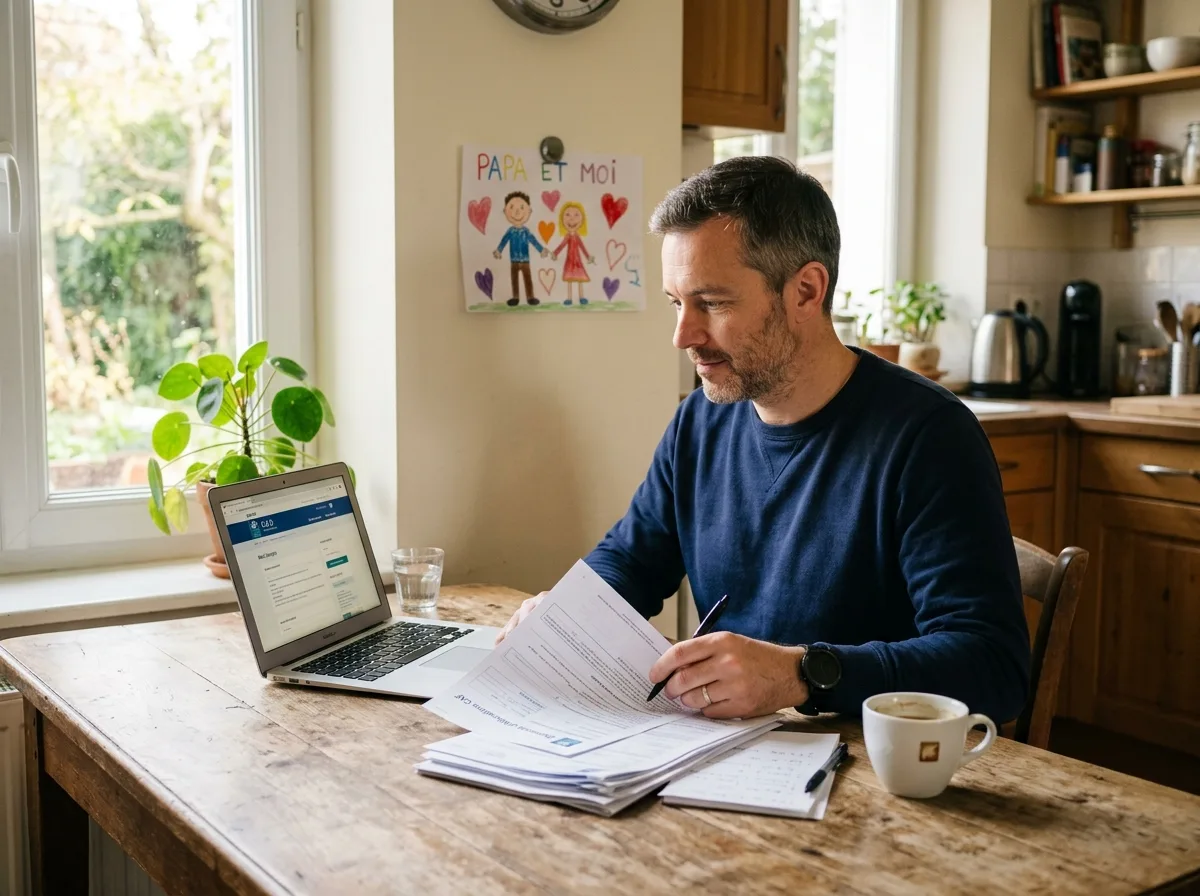 Parent solo consultant les aides CAF pour les vacances sur son ordinateur, cuisine chaleureuse