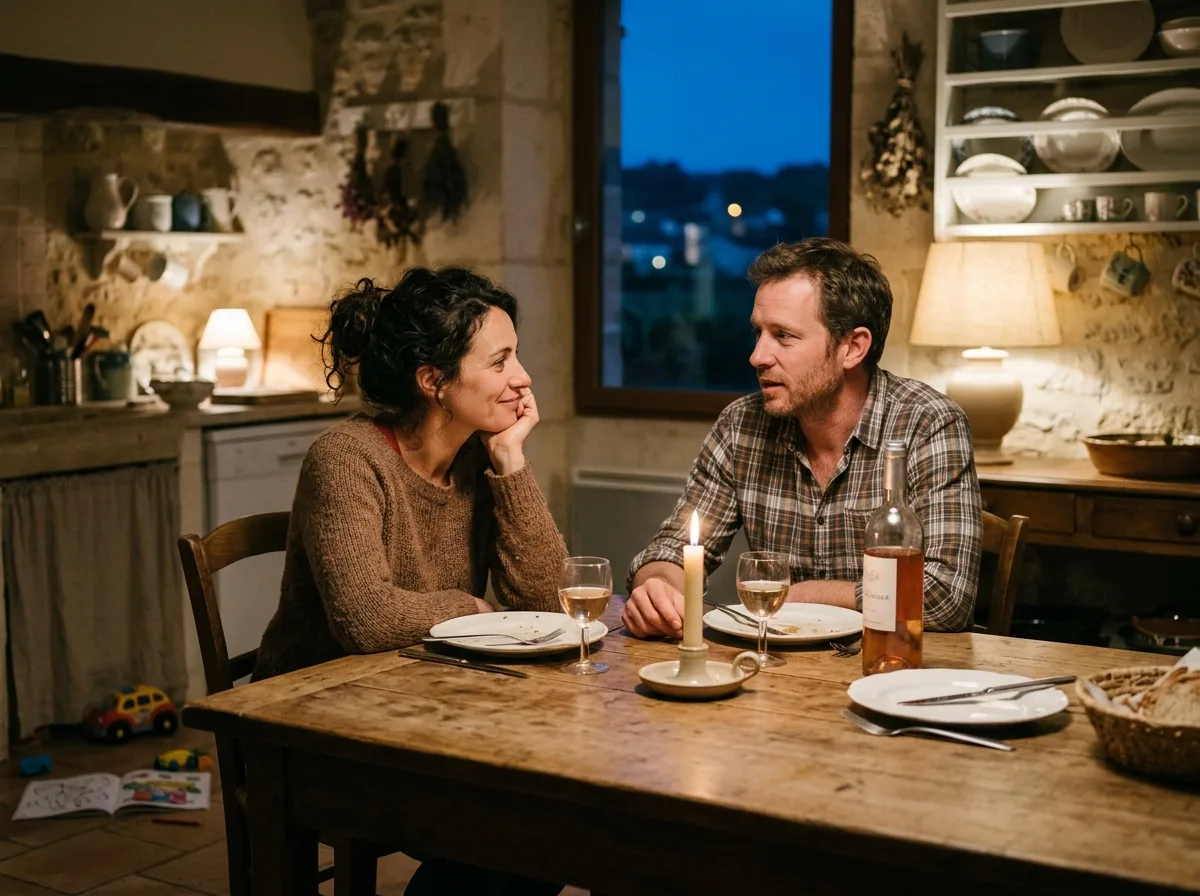 Deux parents solos partagent un verre le soir autour d'une table dans une maison de vacances, ambiance chaleureuse.