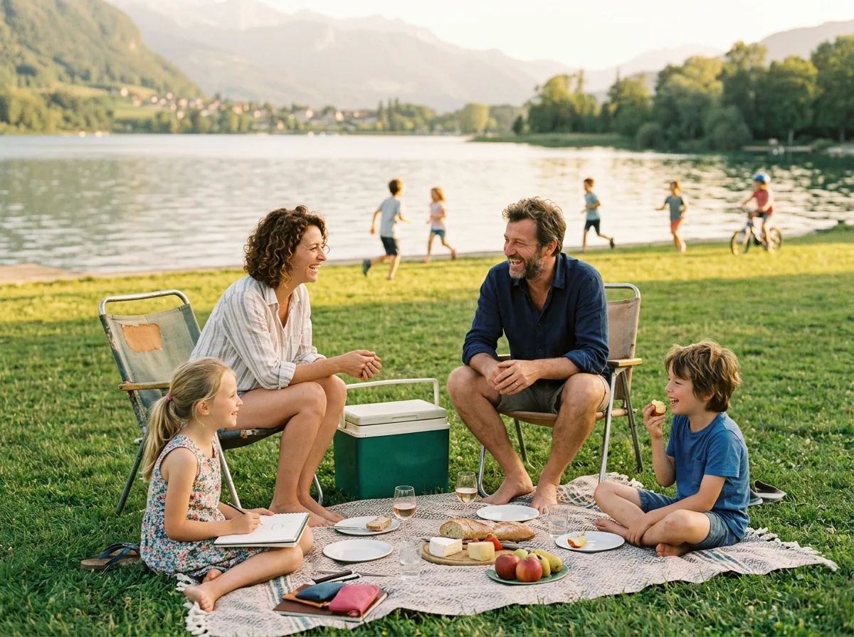 Deux familles monoparentales partagent un pique-nique en plein air lors de co-vacances estivales