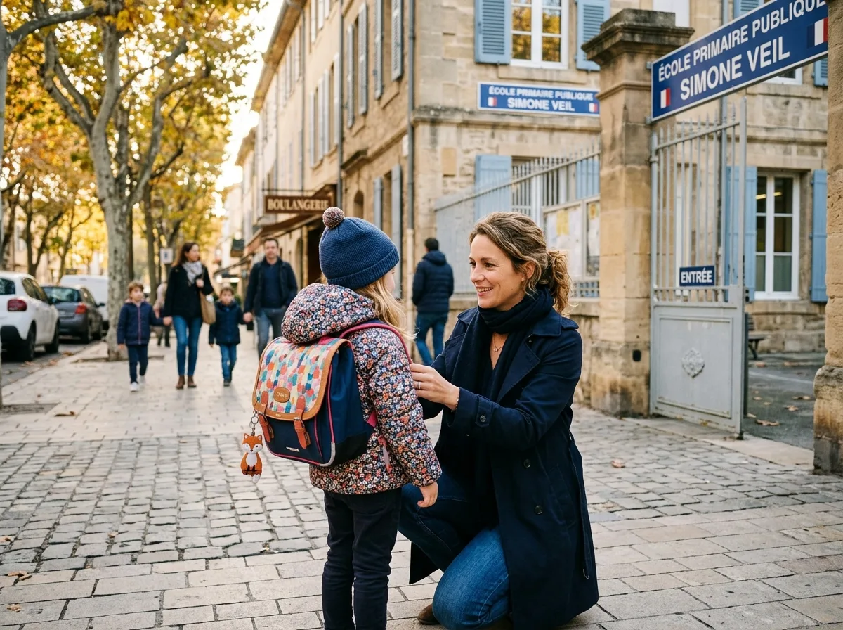 Une mère accompagne son enfant de dos à l'entrée d'une école française, lumière d'automne chaleureuse