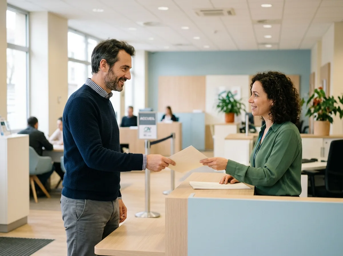 Un père solo dans une agence bancaire, remettant un document à un conseiller, ambiance calme