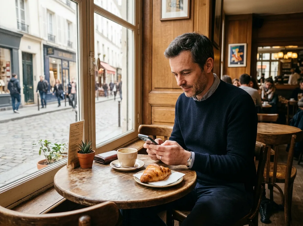 Père solo concentré sur son téléphone dans un café parisien lumineux