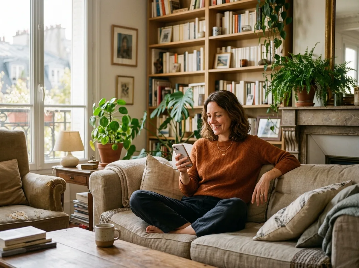 Femme sereine sur un canapé lisant son téléphone avec un léger sourire