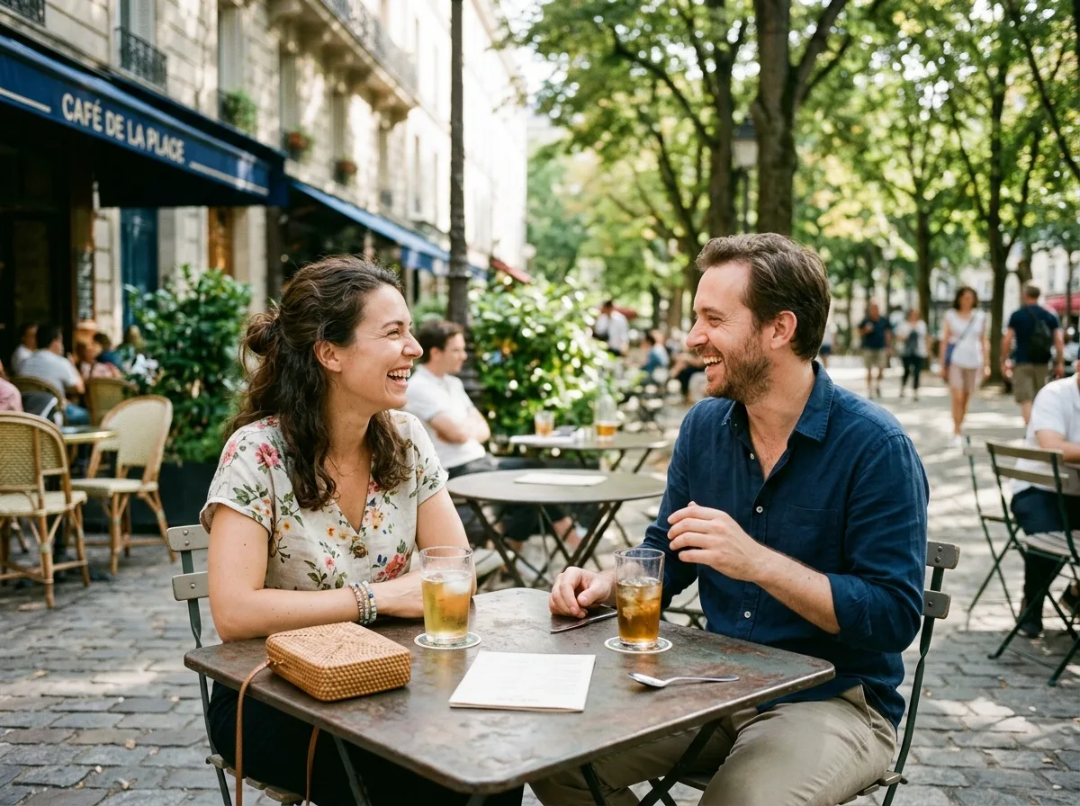 Deux adultes qui discutent et rient à une terrasse ensoleillée, ambiance légère et complice