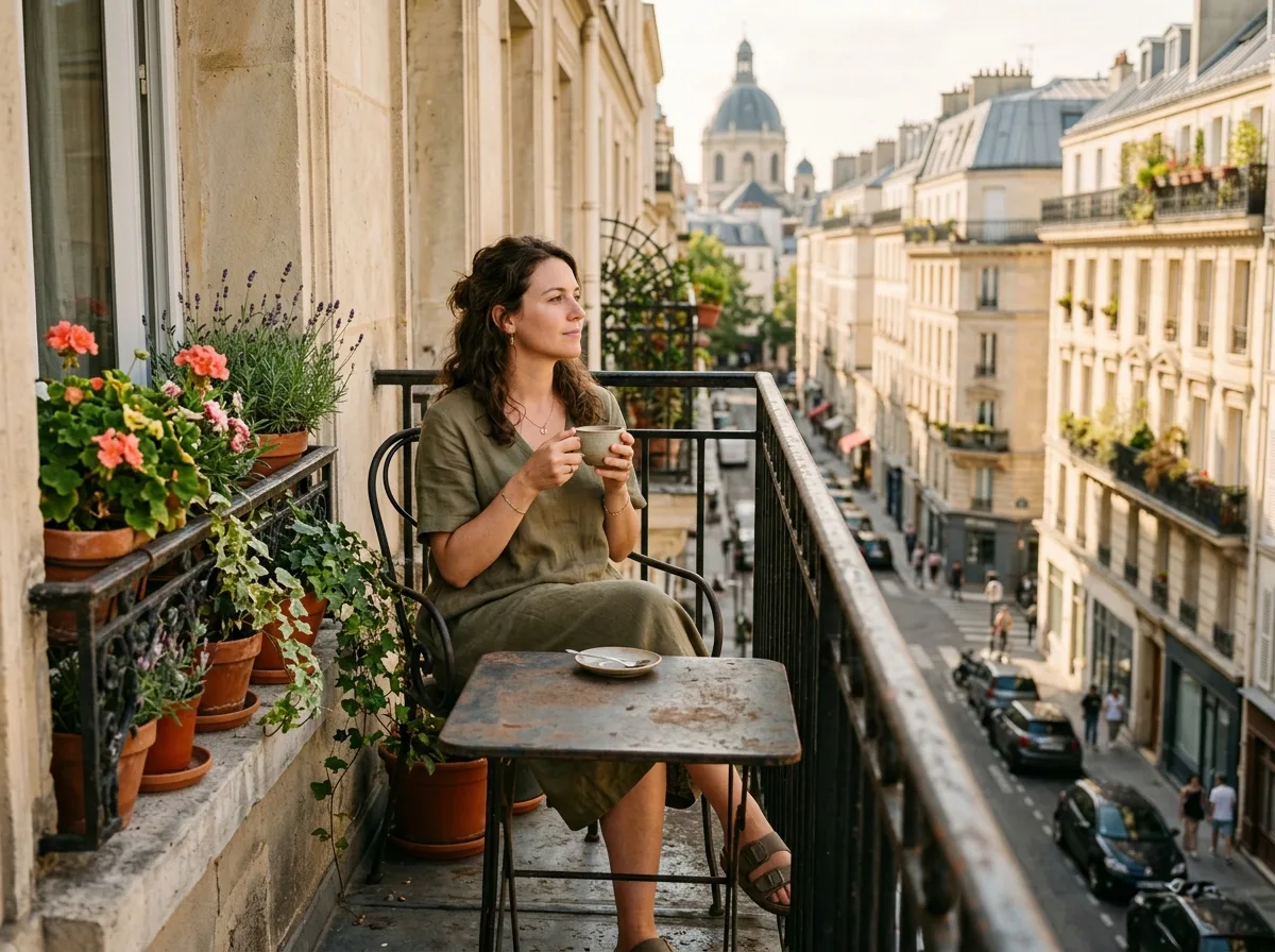 Femme seule sur un balcon ensoleillé, café à la main, regard perdu au loin