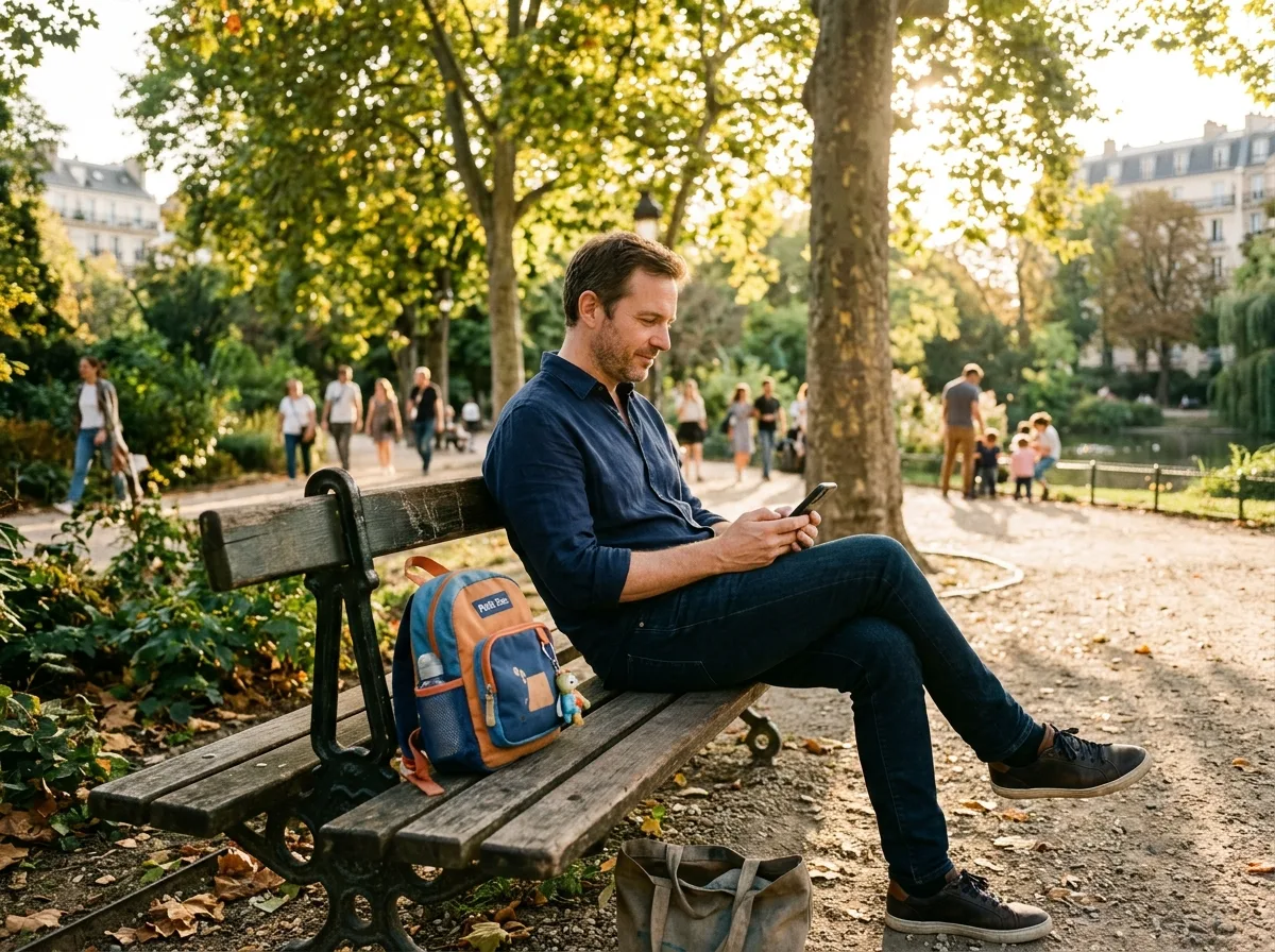 Père solo sur un banc de parc, téléphone en main, sac d'enfant à côté