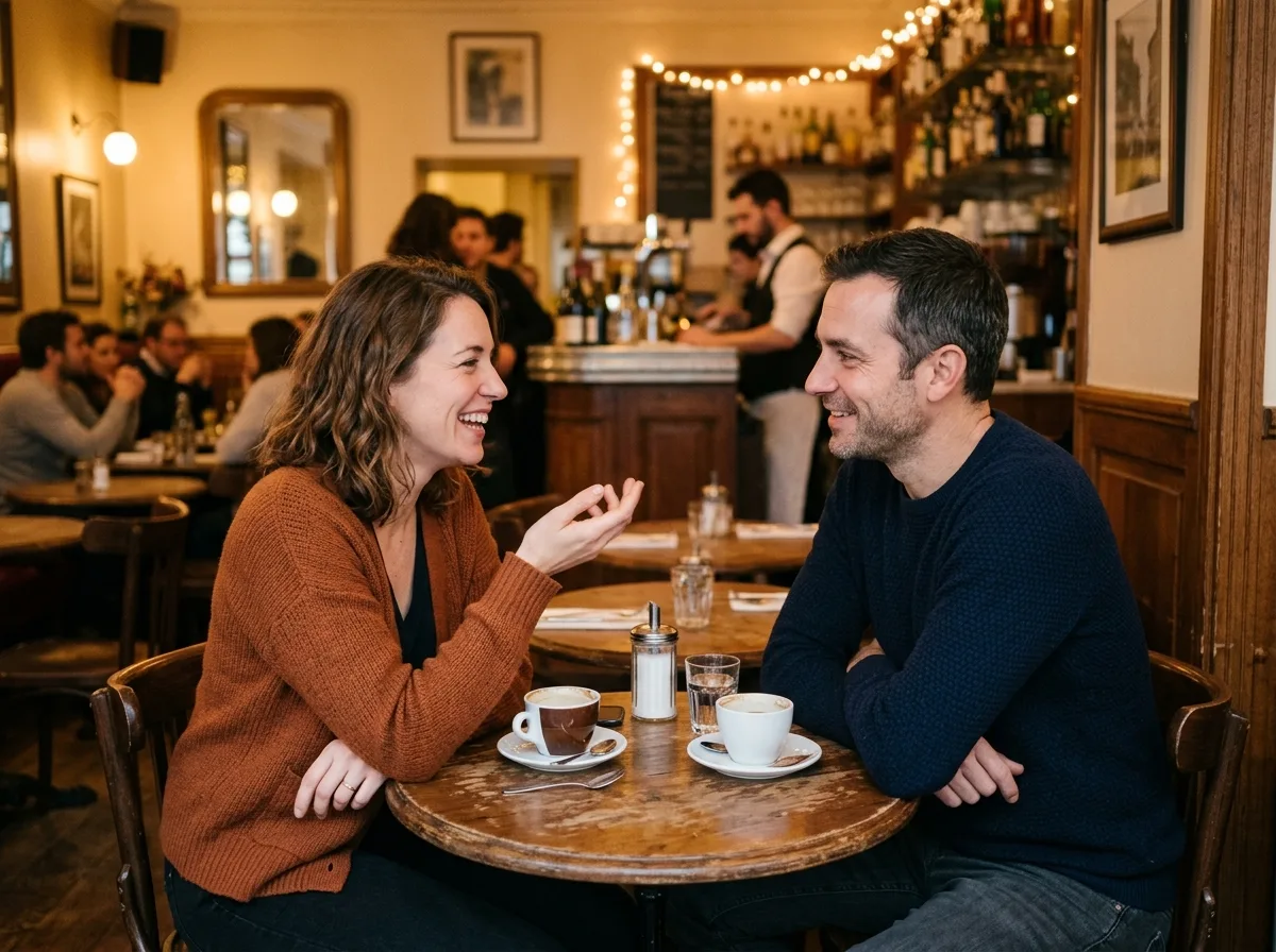 Un homme et une femme en conversation naturelle autour d'un café