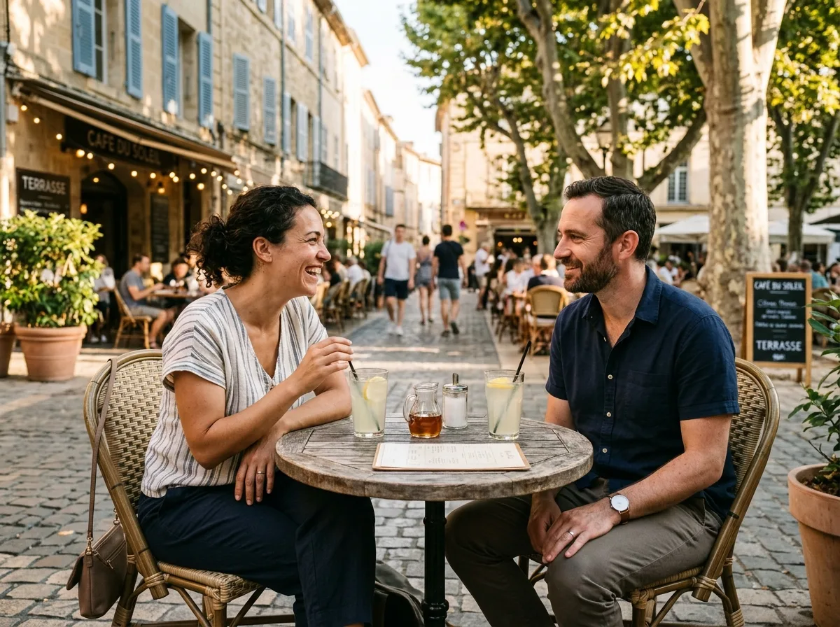 Deux parents solos en conversation complice en terrasse de café français, lumière dorée de fin de journée